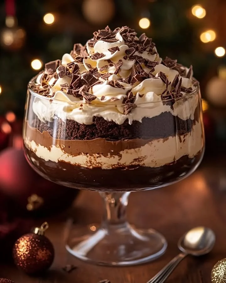 Decadent chocolate tiramisu trifle dessert with layers of creamy chocolate and coffee