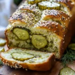Freshly baked dill pickle bread sliced and presented on a wooden board