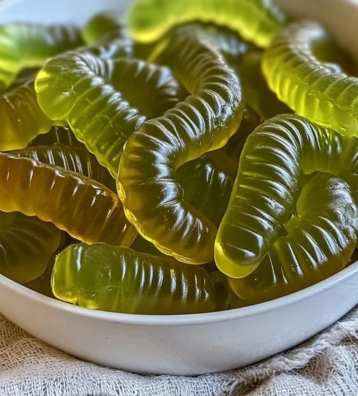 Dill pickle gummy worms candy in a colorful assortment.