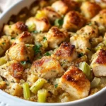 Dolly’s Chicken and Stuffing Casserole served in a baking dish