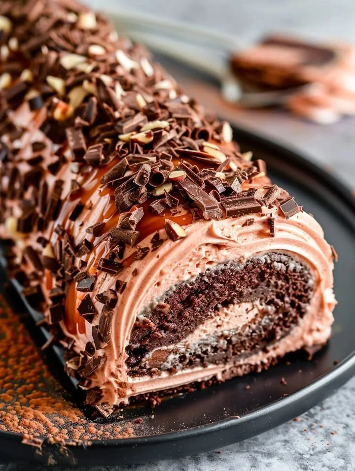Double chocolate almond caramel cake roll with chocolate glaze and nuts