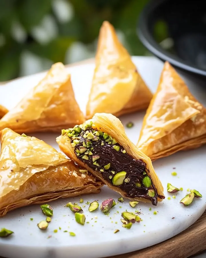 Chocolate-dipped pistachio phyllo bites inspired by Dubai cuisine