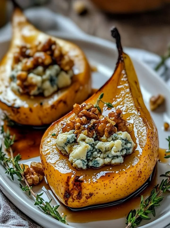 Elegant blue cheese stuffed pears presented on a white plate
