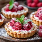 Elegant raspberry goat cheese tarts topped with fresh raspberries and herbs