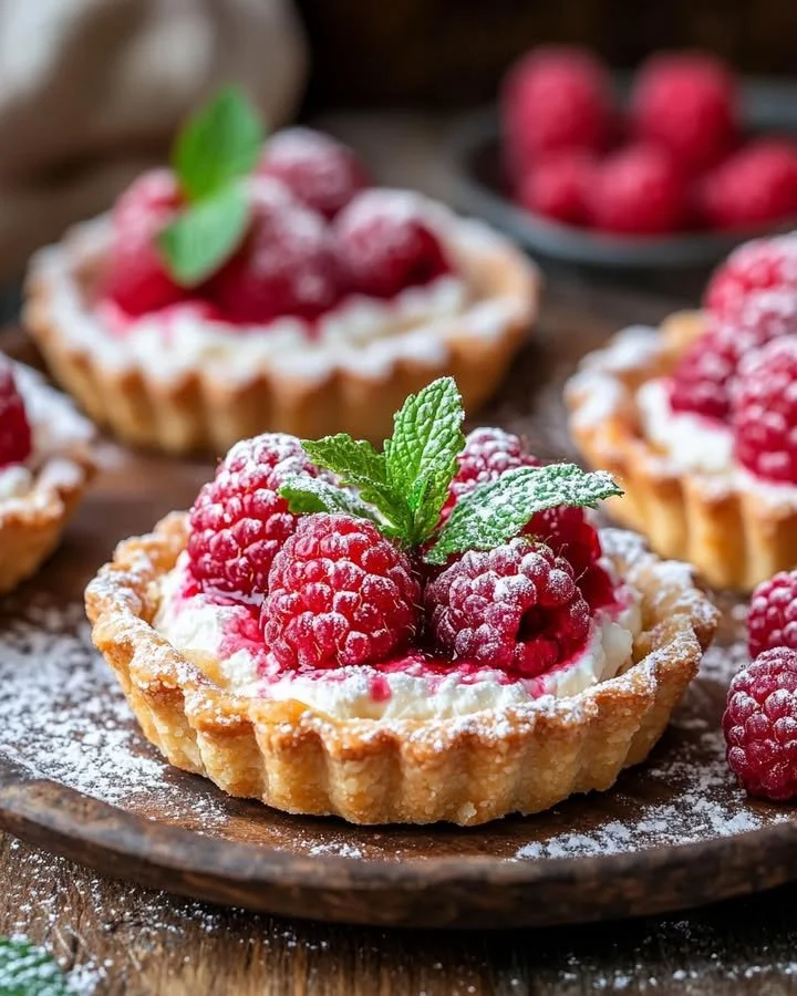 Elegant raspberry goat cheese tarts topped with fresh raspberries and herbs