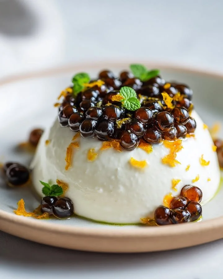 Espresso pearls served on whipped mascarpone with a sprinkle of orange zest.