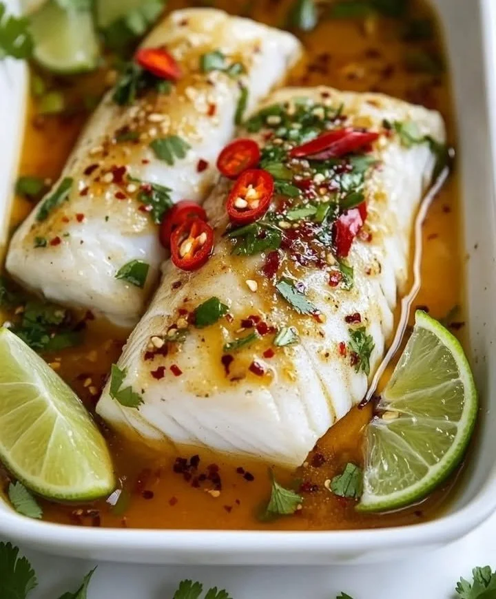 Exotic steamed fish topped with ginger and lime on a plate, ready to serve.