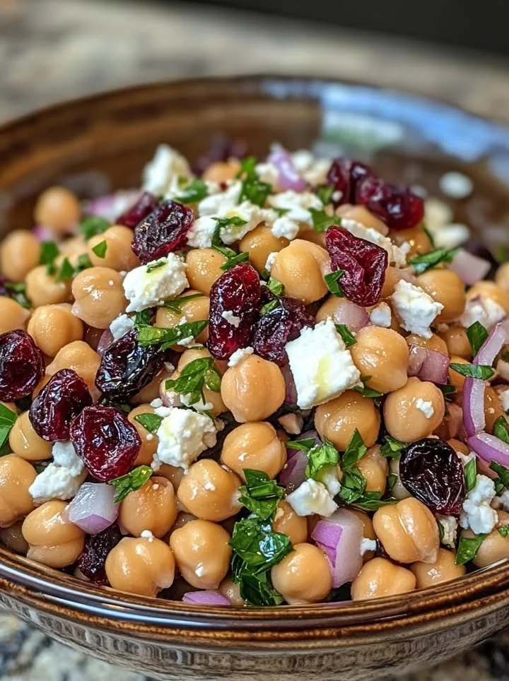 Feta and Cranberry Chickpeas salad with Lemon Vinaigrette on a plate