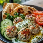 Feta-stuffed Greek chicken meatballs served with roasted garlic tzatziki sauce