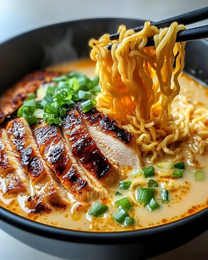 Spicy chicken ramen with creamy garlic sauce in a bowl, garnished with green onions