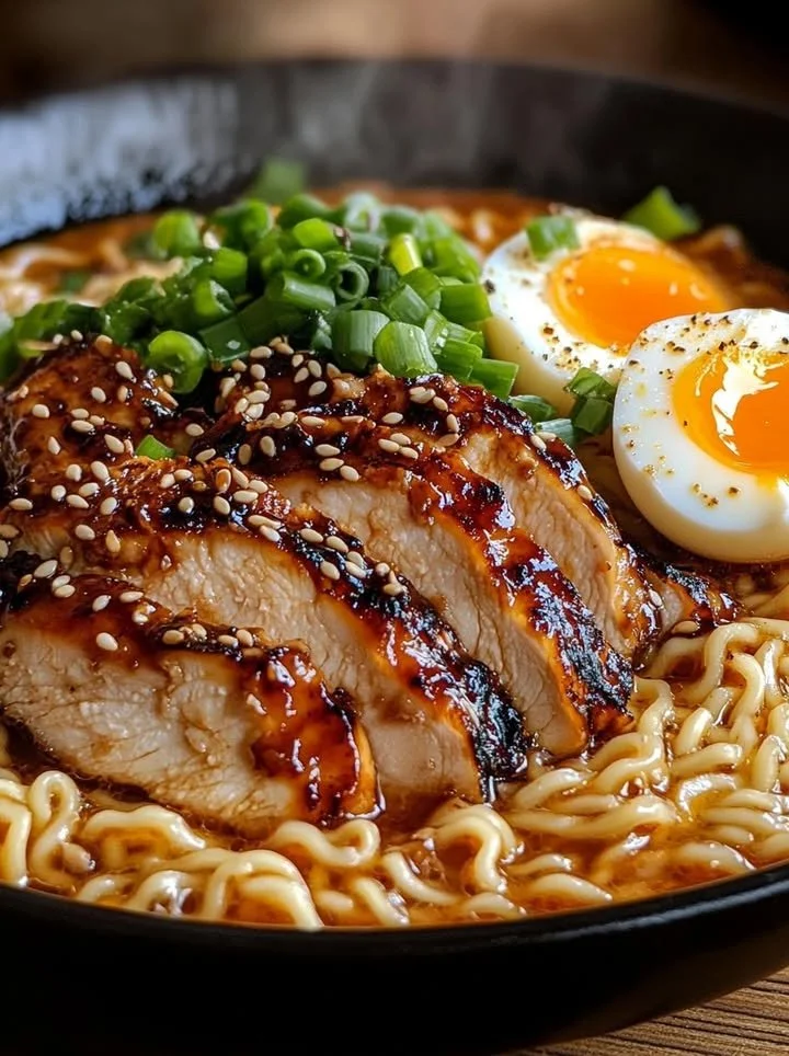 Delicious fiery chicken ramen topped with creamy garlic sauce in a bowl.