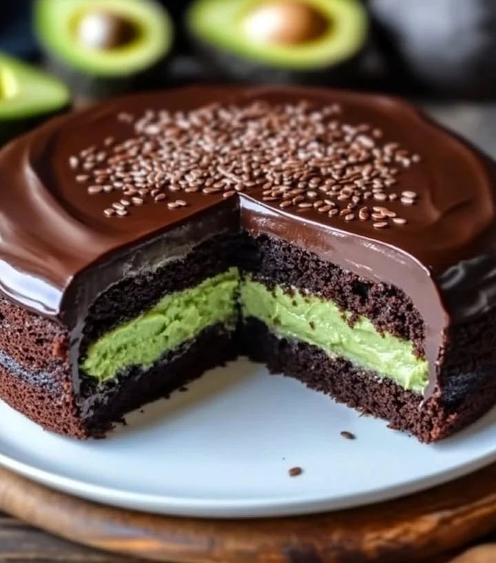 Flaxseed chocolate avocado cake topped with chocolate ganache and berries