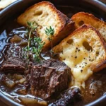 Delicious French Onion Beef Short Rib Soup with rich flavors and tender meat.