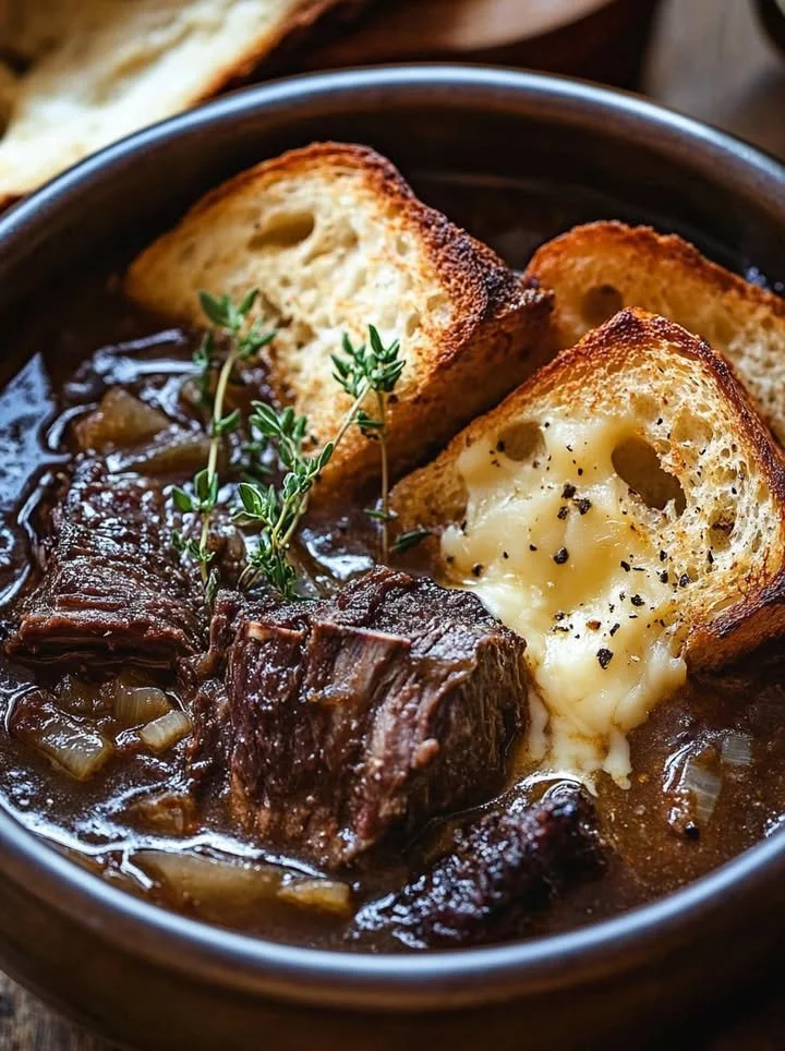 Delicious French Onion Beef Short Rib Soup with rich flavors and tender meat.
