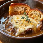 A bowl of French Onion Beef Short Rib Soup topped with melted cheese and herbs.