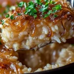Delicious bowl of French Onion Butter Rice garnished with herbs.