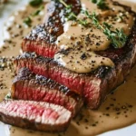 French seared steak served with cognac cream sauce on a rustic plate