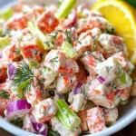 Bowl of fresh and zesty imitation crab salad garnished with herbs