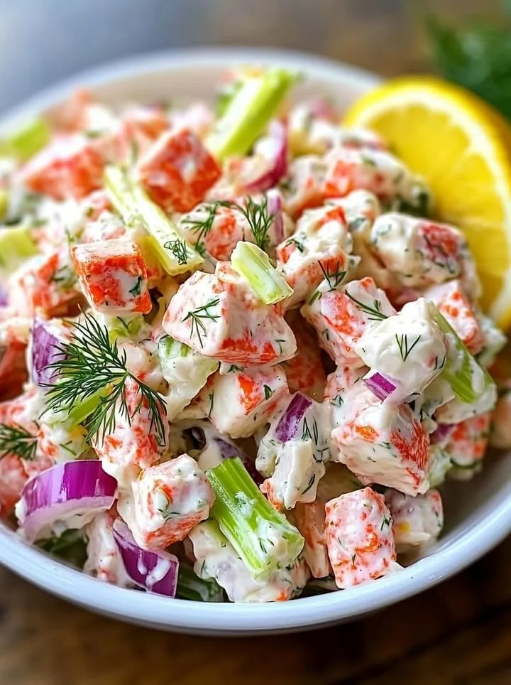 Bowl of fresh and zesty imitation crab salad garnished with herbs