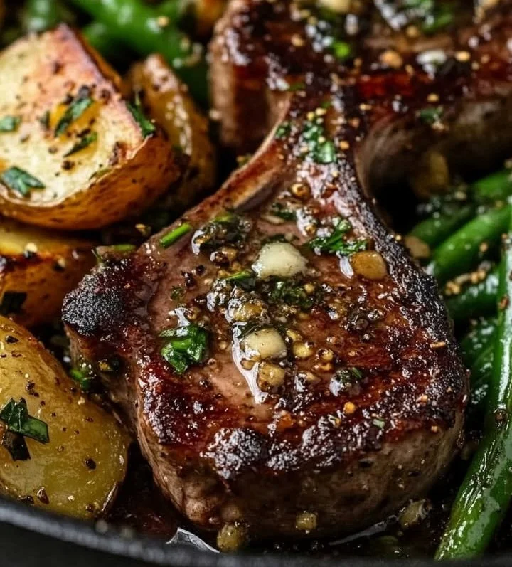 Juicy garlic butter lamb chops served on a plate, garnished with herbs.