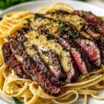 Delicious Garlic Butter Steak with Lightning Noodles on a plated dish