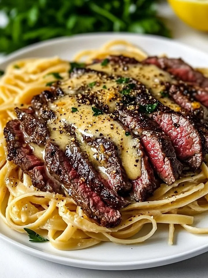 Delicious Garlic Butter Steak with Lightning Noodles on a plated dish