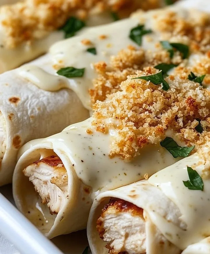 Garlic Parmesan Chicken Alfredo Wraps served on a plate with fresh herbs