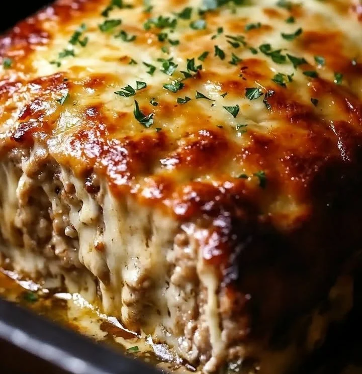 A plate of Garlic Parmesan Chicken Meatloaf garnished with parsley and served with vegetables.