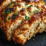 Garlic Parmesan Chicken Meatloaf drizzled with garlic sauce and garnished with herbs
