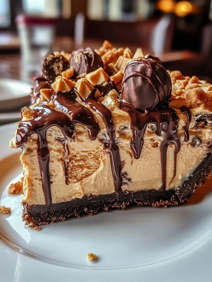 Giant Reese's Peanut Butter Cup Pie topped with creamy peanut butter and chocolate