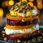 Golden beet burrata stacks topped with pistachio and citrus zest