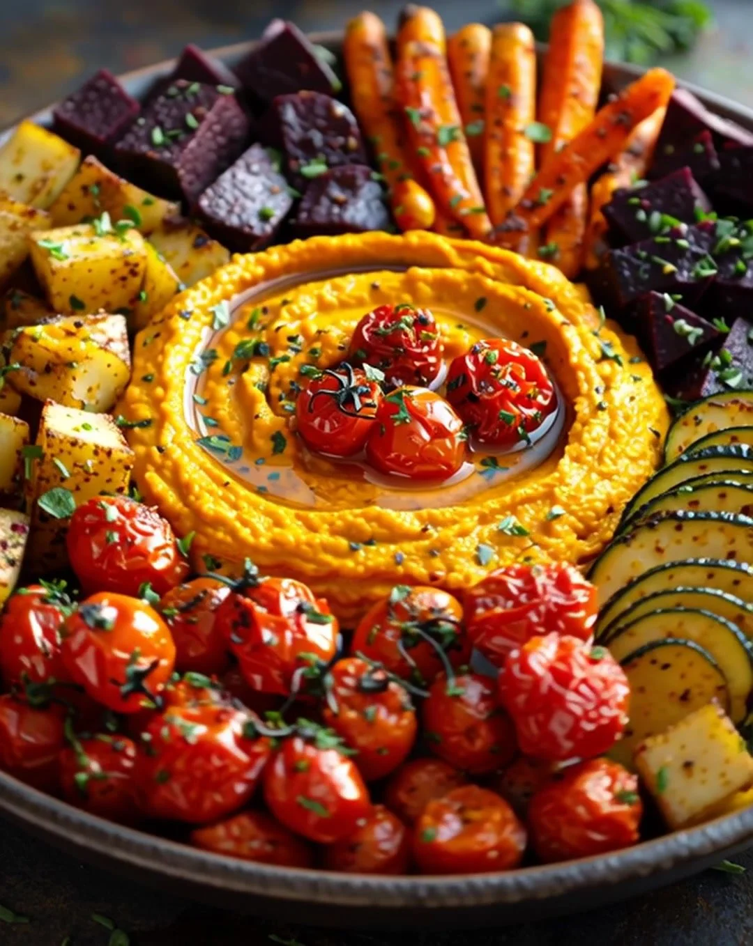 Golden Glow Bowl with roasted carrot-ginger dip and assorted veggies