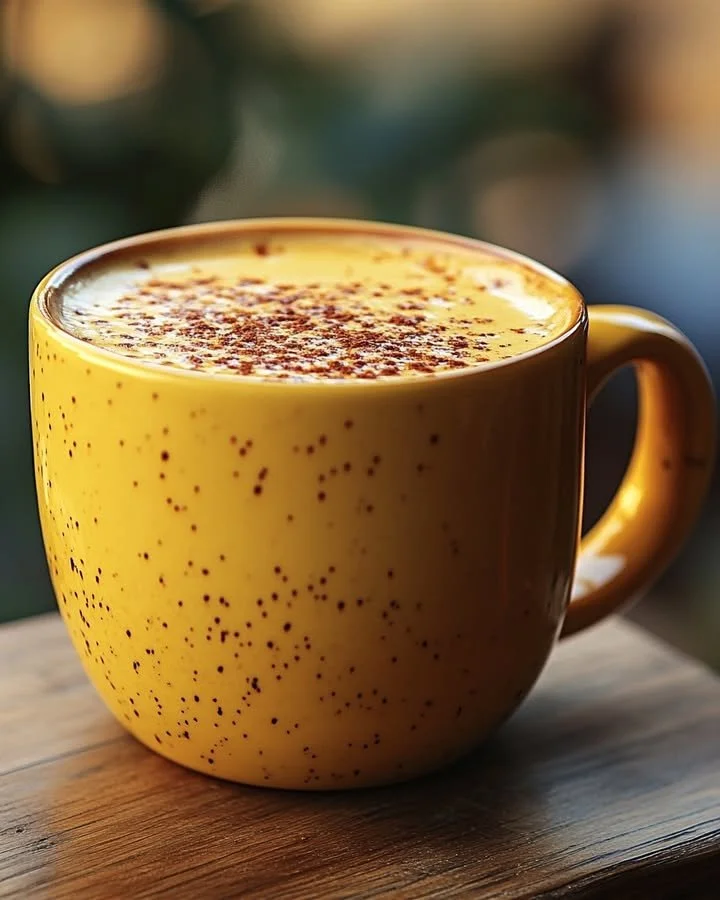 Golden Glow Turmeric Latte topped with spices in a cozy cup.