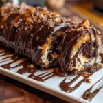 Gooey chocolate caramel turtle cake roll with chocolate drizzles and caramel topping