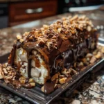 Gooey chocolate caramel turtle cake roll with nuts and chocolate drizzle
