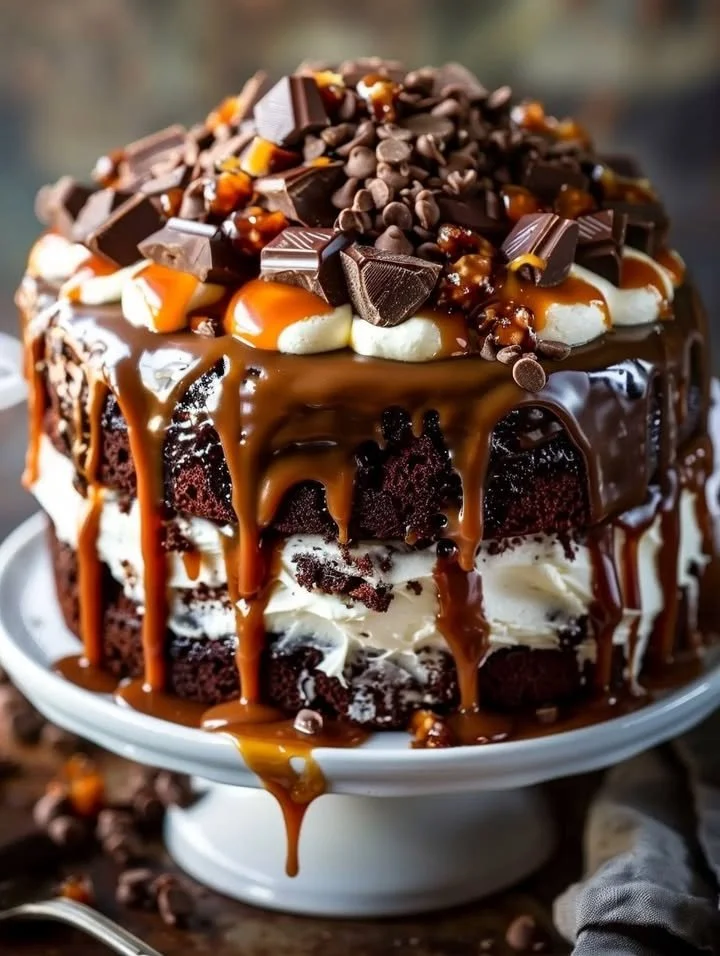 Gooey Chocolate Caramel Turtle Layer Cake with caramel drizzle and pecans