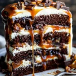 Gooey chocolate caramel turtle layer cake topped with pecans and drizzled with caramel