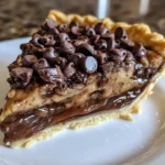 Gooey chocolate chip pie slice on a plate with a fork