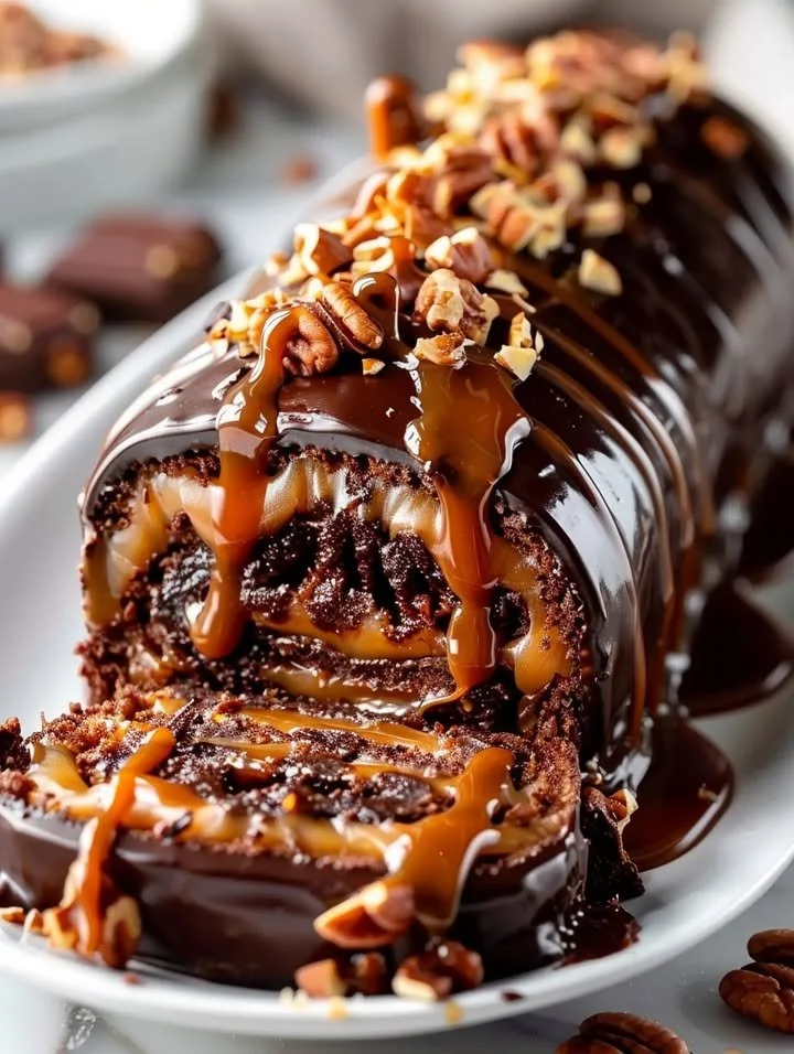 Gooey chocolate hazelnut caramel cake roll on a plate