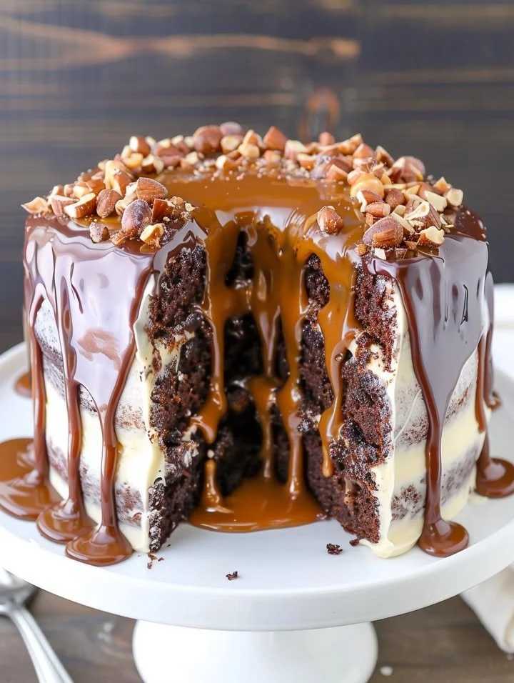 Gooey Chocolate Hazelnut Caramel Layer Cake slice on a plate