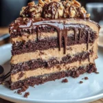 Gooey Chocolate Peanut Butter Cake topped with chocolate drizzle and peanuts