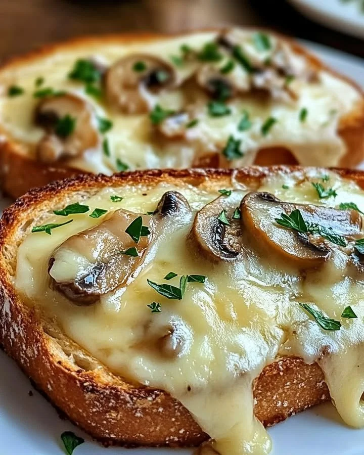 Gourmet cheesy mushroom and garlic toasts served on a rustic plate