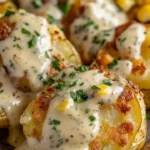 Gourmet smashed potatoes served with creamy herb sauce on a plate.