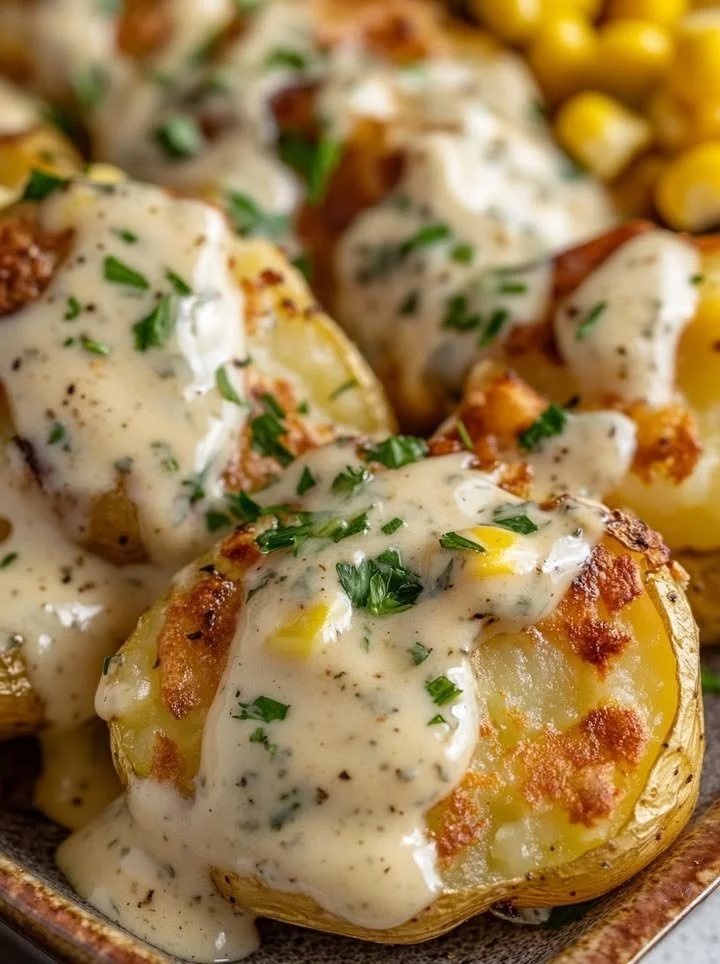 Gourmet smashed potatoes served with creamy herb sauce on a plate.