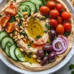 Delicious Greek-Style Loaded Hummus topped with olives and herbs