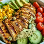 Grilled chicken salad bowl with avocado, vibrant veggies, and a light dressing