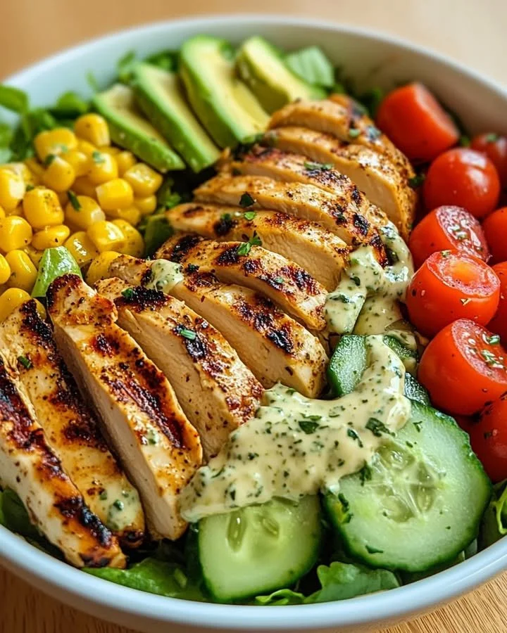 Grilled chicken salad bowl with avocado, vibrant veggies, and a light dressing