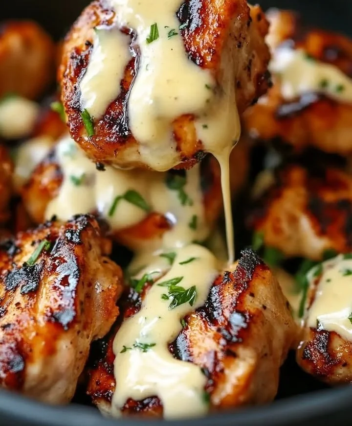 Delicious grilled chicken bites served with creamy garlic sauce.
