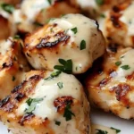 Delicious grilled chicken bites with creamy garlic sauce on a plate