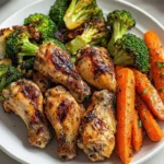 Grilled chicken wings served with roasted broccoli and carrots on a plate